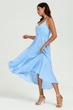 Dot Print Button Down High Low Strappy Dress In Light Blue
