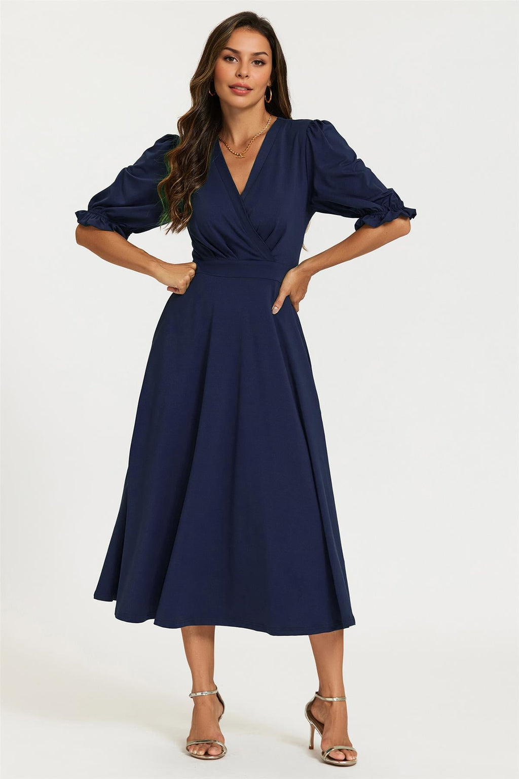 Half Sleeves Jersey Midi Dress with Wrap Neckline In Navy