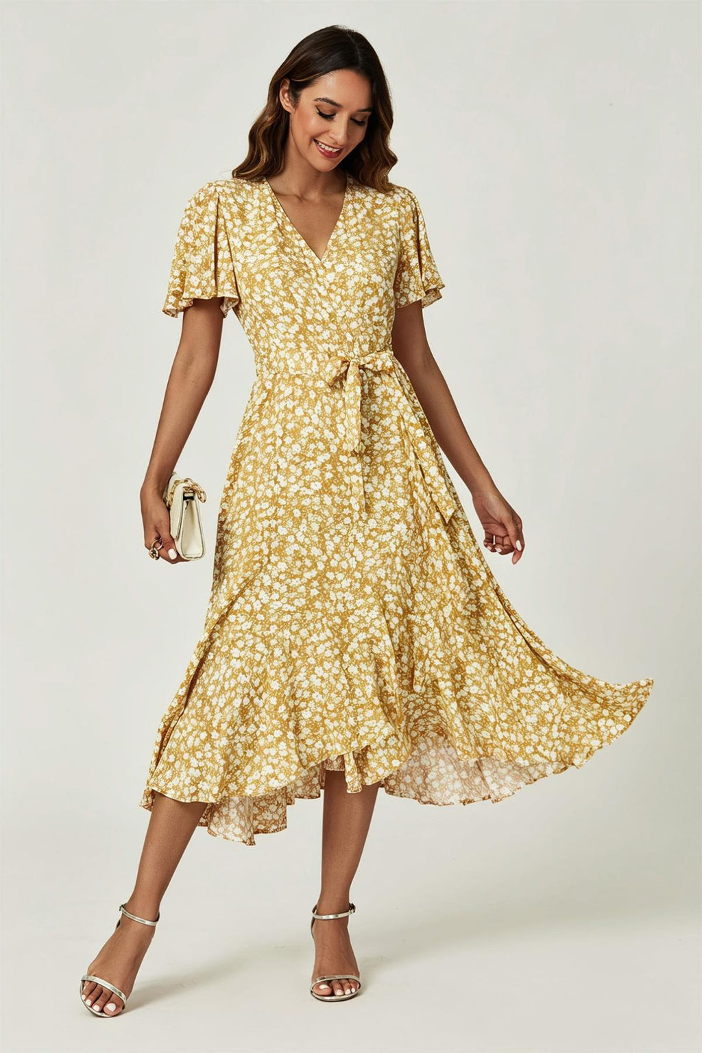 Floral Print Midi Wrap Dress In Yellow