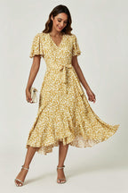 Floral Print Midi Wrap Dress In Yellow