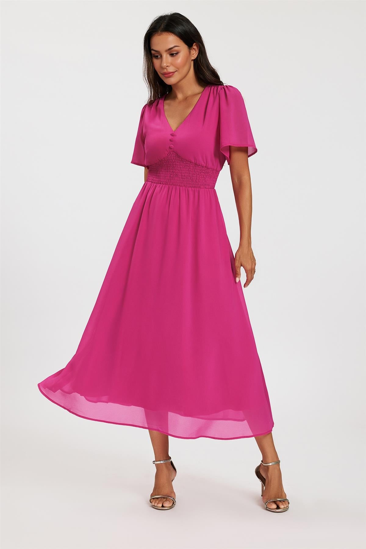 Fuchsia V Neckline Shirred Waist Midi Dress