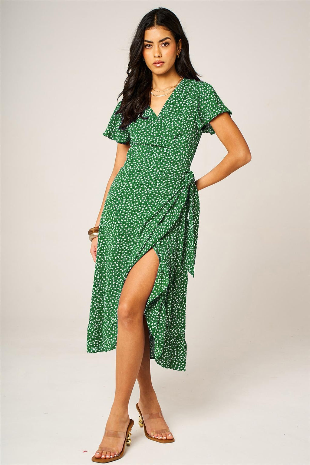 Hem Frill Detail Little Floral Print Wrap Dress In Green
