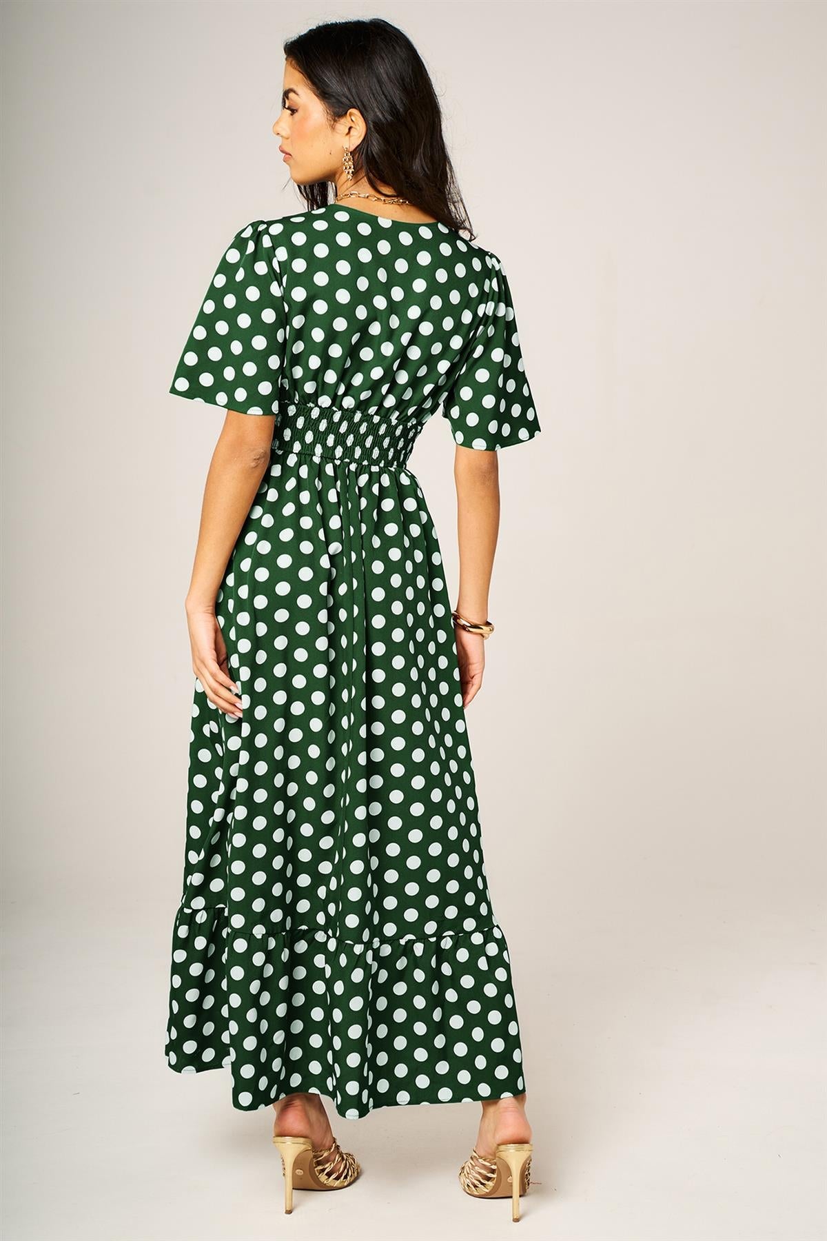 Dot Print Angel Sleeve V Neck Frill Hem Midi Dress In Green