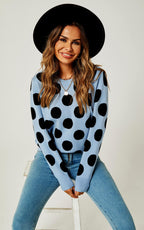 Comfy Knit Black Polka Dot Pattern Jumper Top In Blue