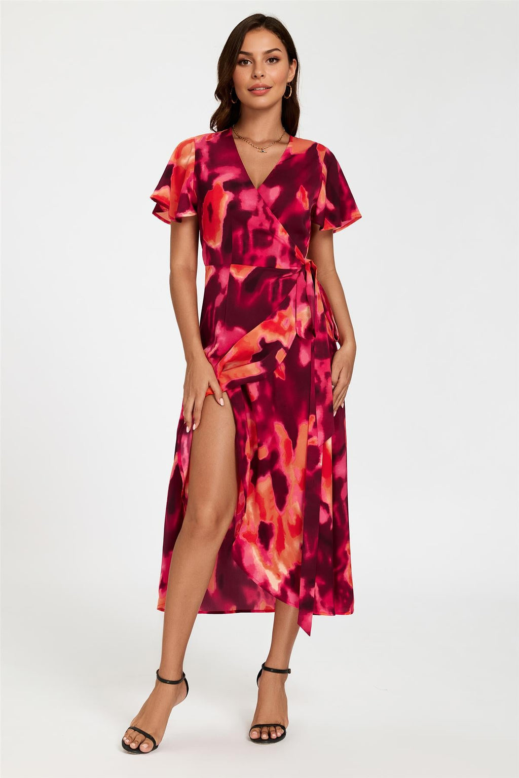 Abstract Print Wrap Maxi Dress In Burgundy