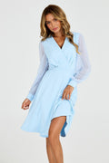 Long Sleeve Pleated Detail Midi Dress In Pale Blue
