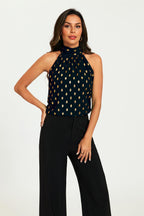 Gold Foil Halter Neck Tie Back Top In Black