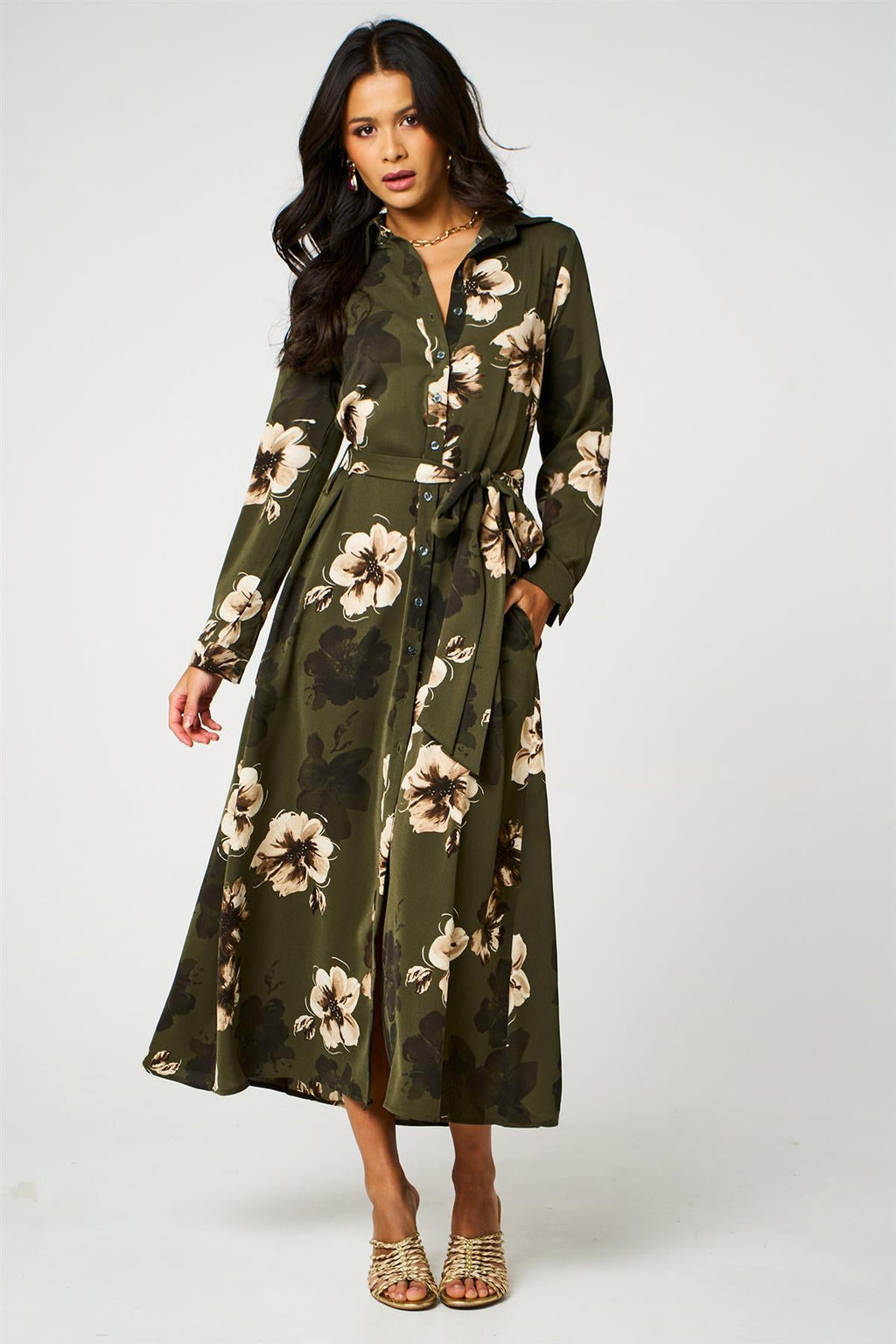 Large Floral Long Sleeve Belted Shirt Dress In Olive Green