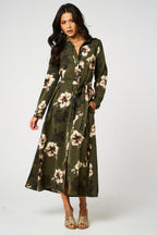 Large Floral Long Sleeve Belted Shirt Dress In Olive Green