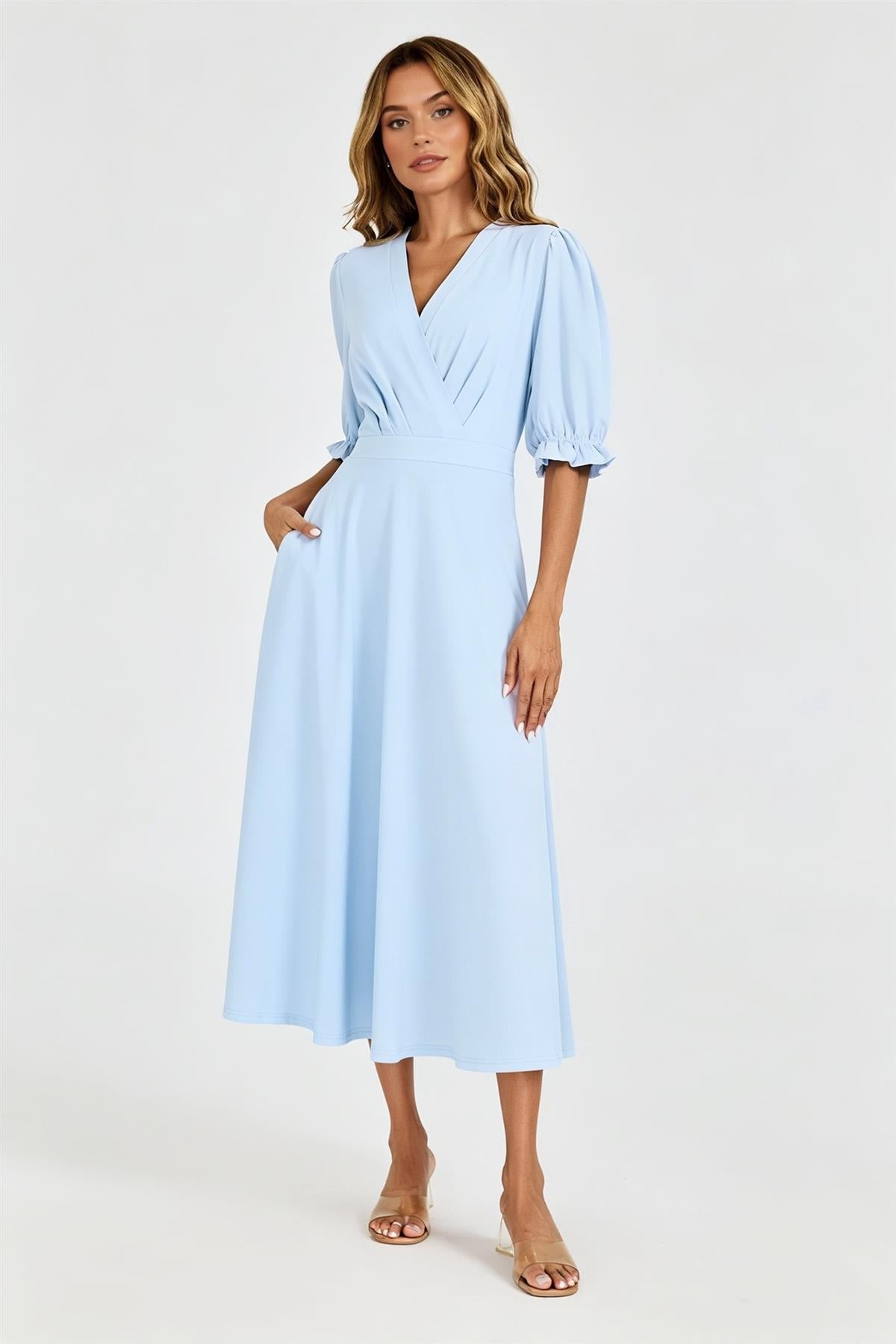 Half Sleeves Jersey Midi Dress with Wrap Neckline In Pale Blue