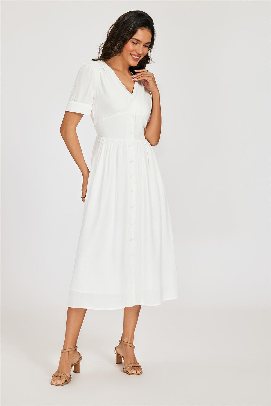 Button Front Short Sleeve Midi Dress In White