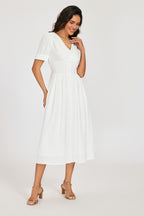 Button Front Short Sleeve Midi Dress In White