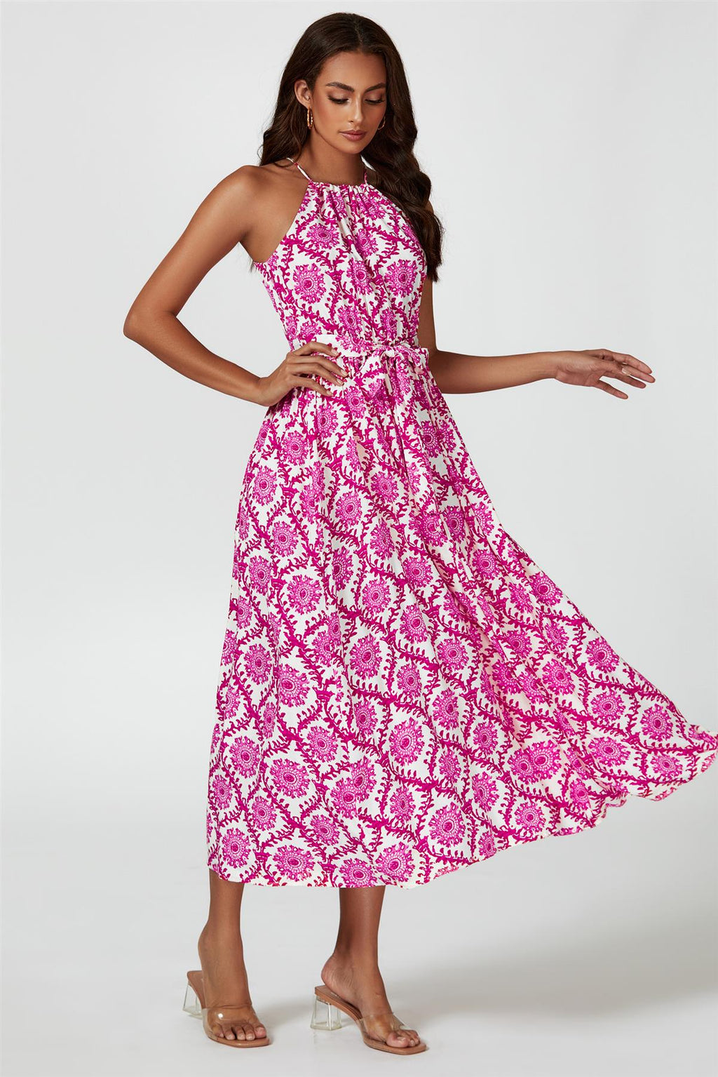 Floral Print Tie Halterneck Maxi Dress In Pink