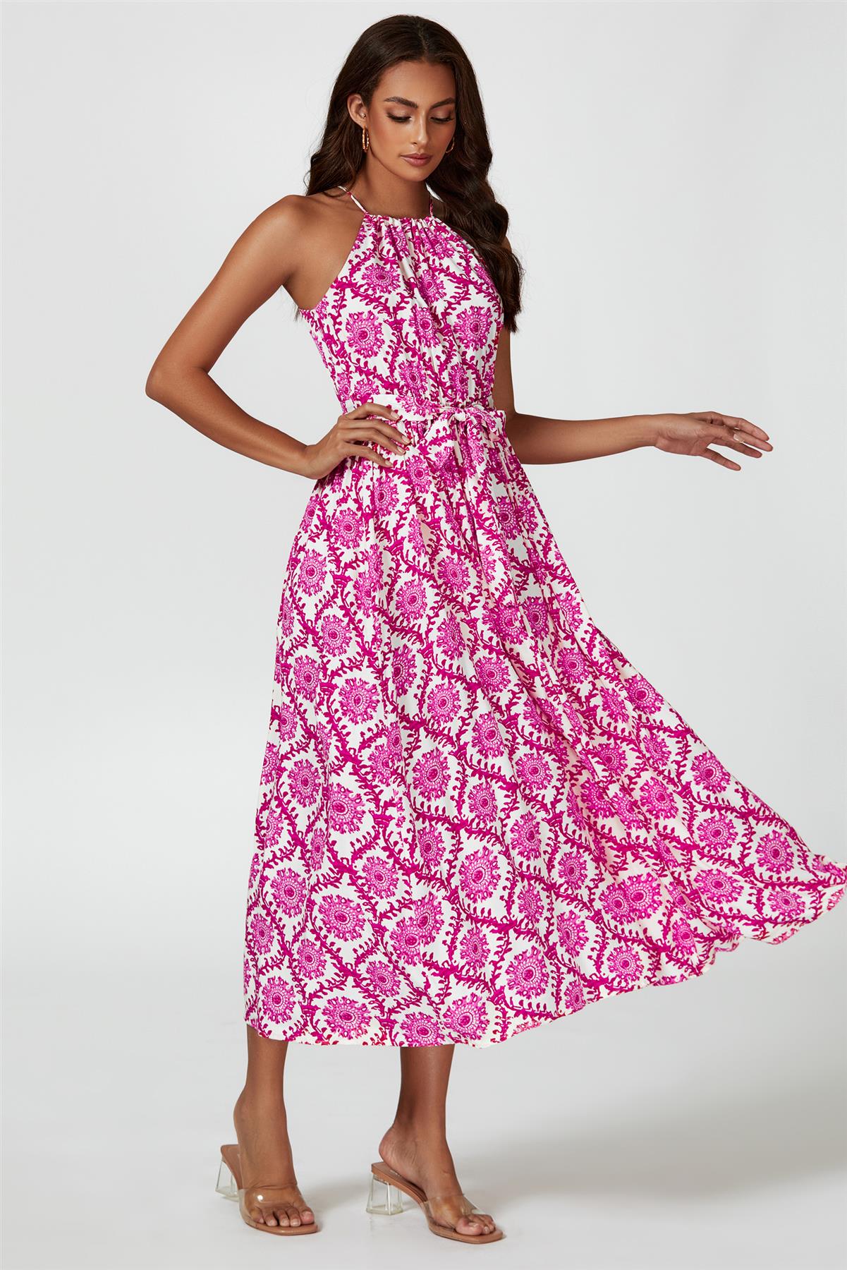 Floral Print Tie Halterneck Maxi Dress In Pink