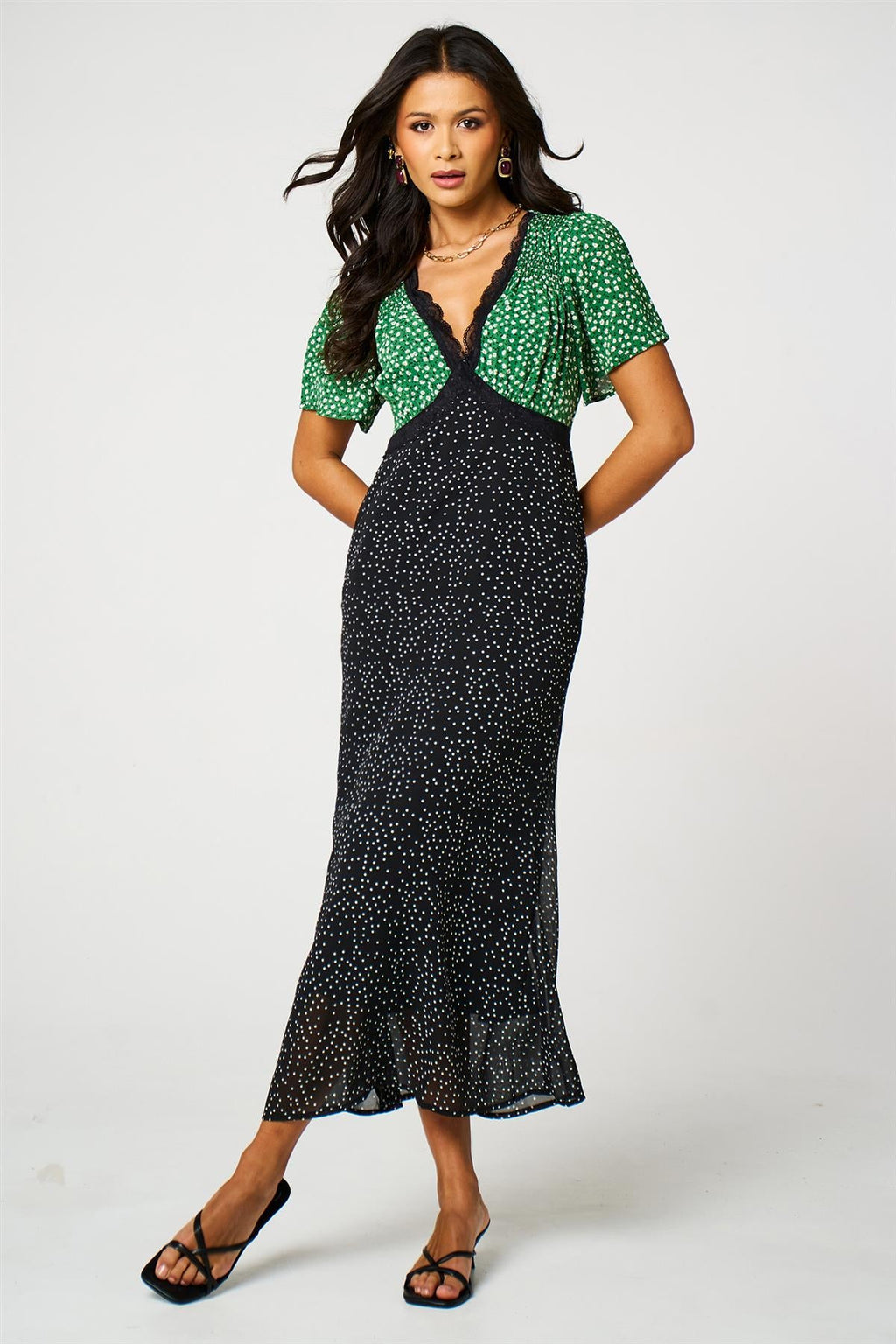Black Dot & Green Floral Print Angel Sleeve Maxi Dress