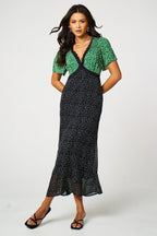 Black Dot & Green Floral Print Angel Sleeve Maxi Dress