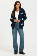 Light Blue 3D Bow Cardigan In Navy
