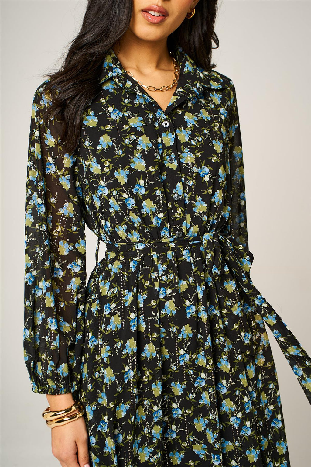 Floral Print Hem Detail Shirt Midi Dress With Tie Waist In Black