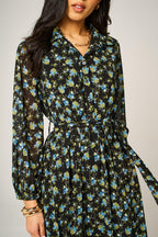 Floral Print Hem Detail Shirt Midi Dress With Tie Waist In Black