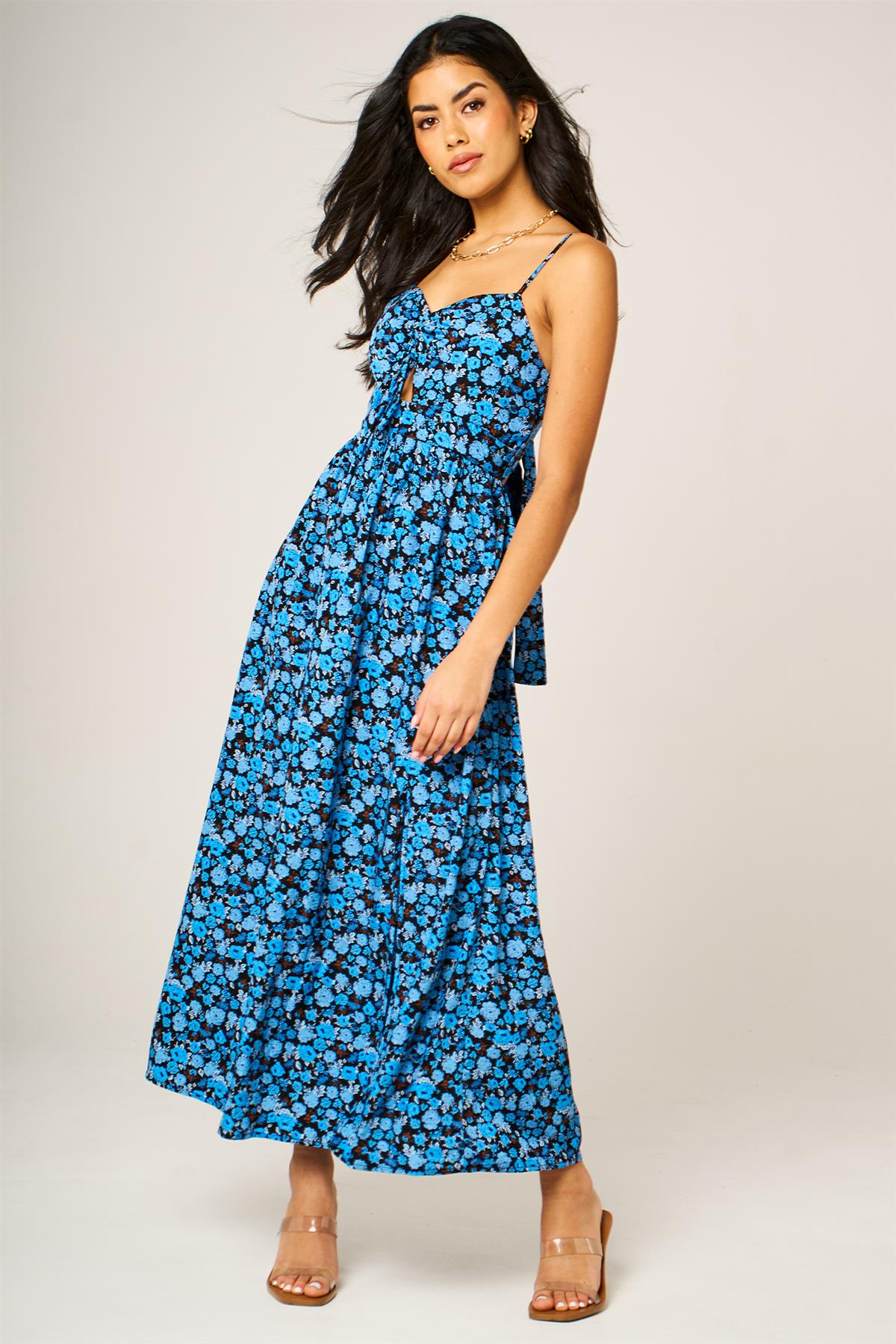Floral Print Knot Front Maxi Dress In Blue