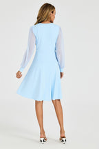 Long Sleeve Pleated Detail Midi Dress In Pale Blue