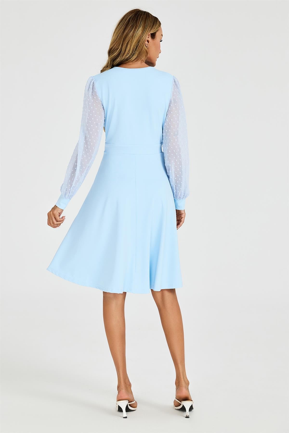 Long Sleeve Pleated Detail Midi Dress In Pale Blue