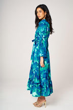 Abstract Floral Print Hem Detail Shirt Midi Dress With Tie Waist In Blue