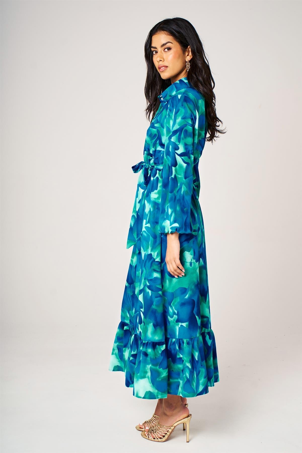 Abstract Floral Print Hem Detail Shirt Midi Dress With Tie Waist In Blue