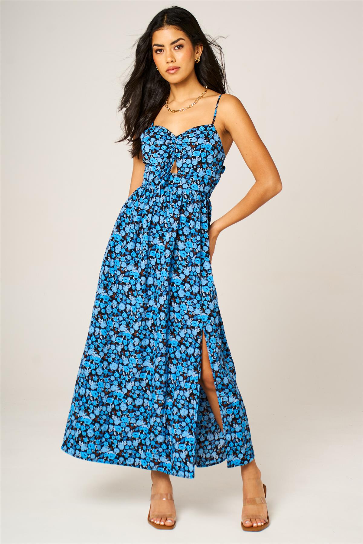 Floral Print Knot Front Maxi Dress In Blue