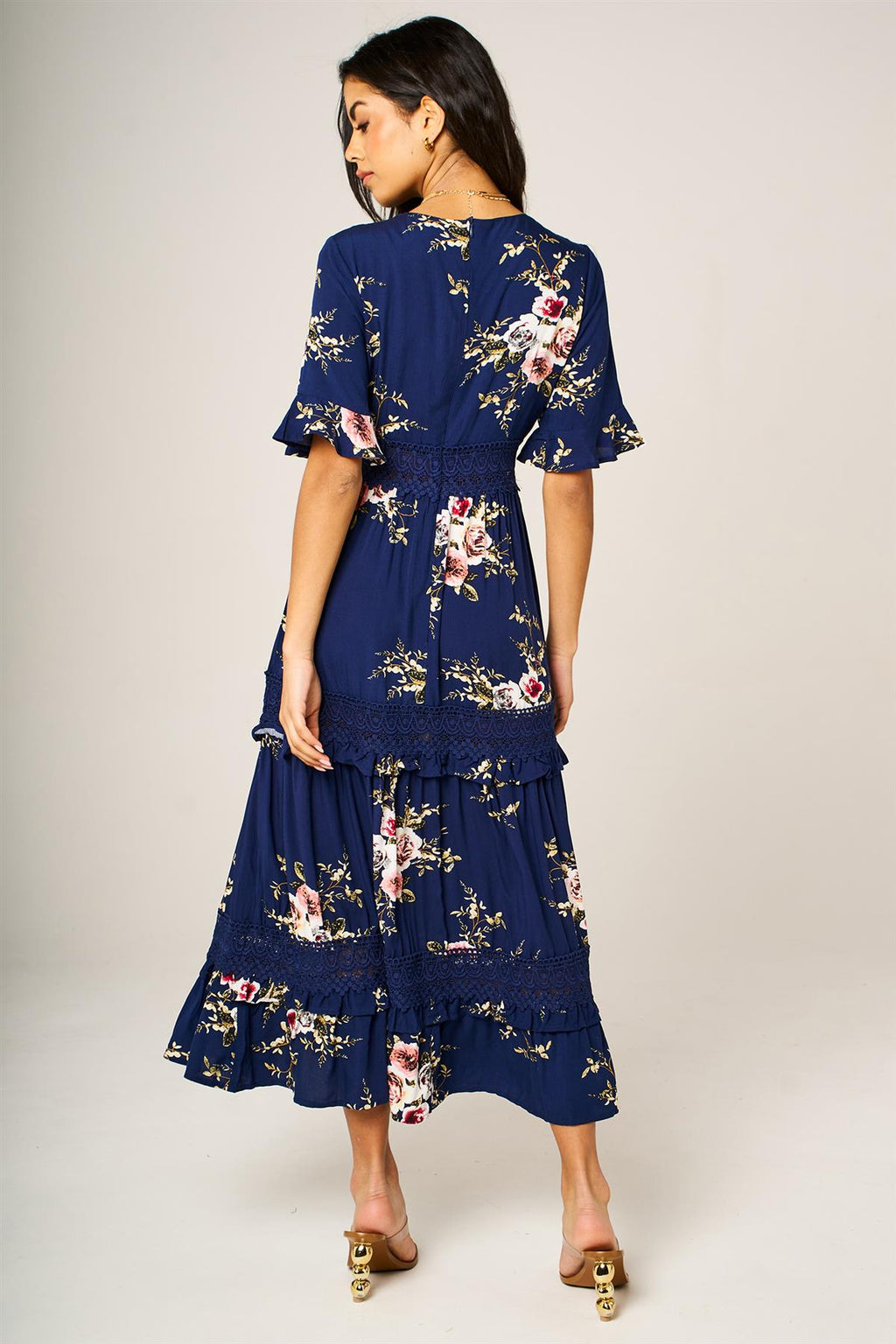 Floral Print V Neck Lace Detail Midi Dress In Navy