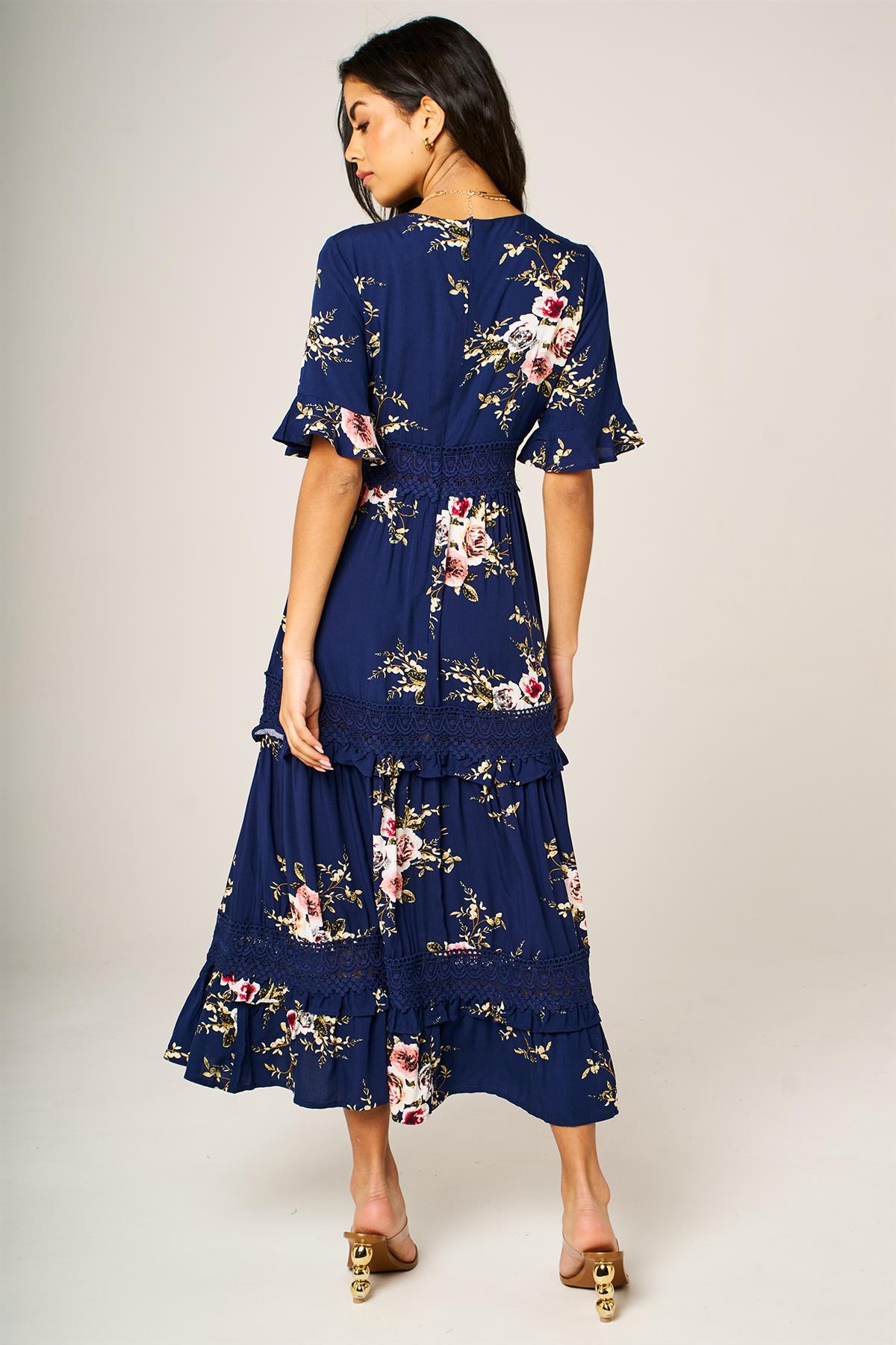 Floral Print V Neck Lace Detail Midi Dress In Navy