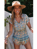 Playsuit With Drawstring Detail In Blue Mixed Print