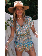 Playsuit With Drawstring Detail In Blue Mixed Print
