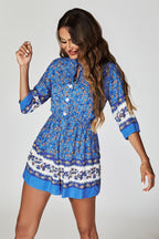 Floral Print Boho Playsuit With Buttons In Blue