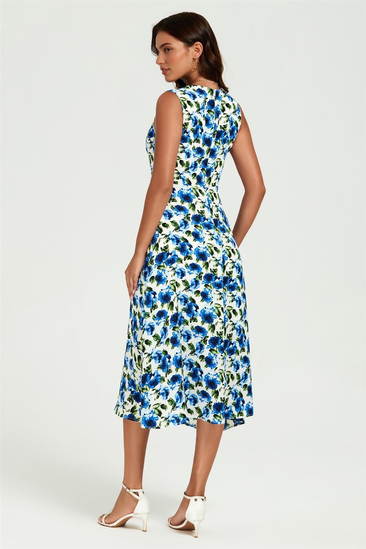 Robe midi bleu imprimé floral encolure cœur