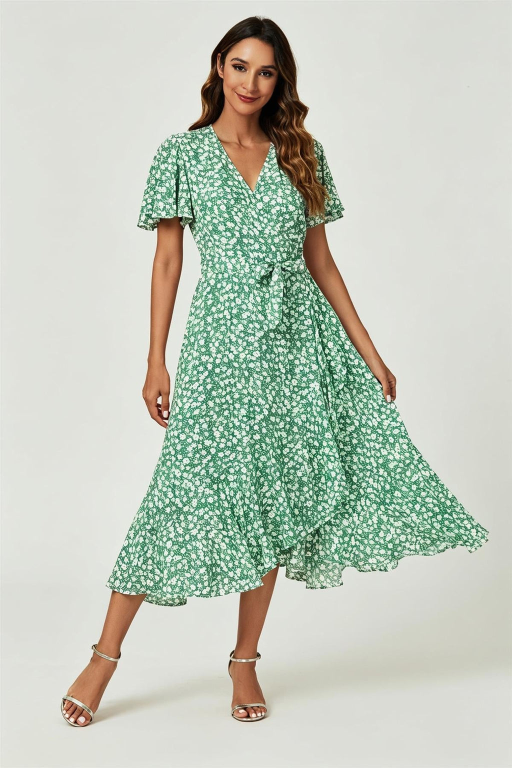 Floral Print Midi Wrap Dress In Light Green