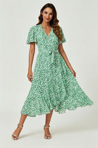 Floral Print Midi Wrap Dress In Light Green