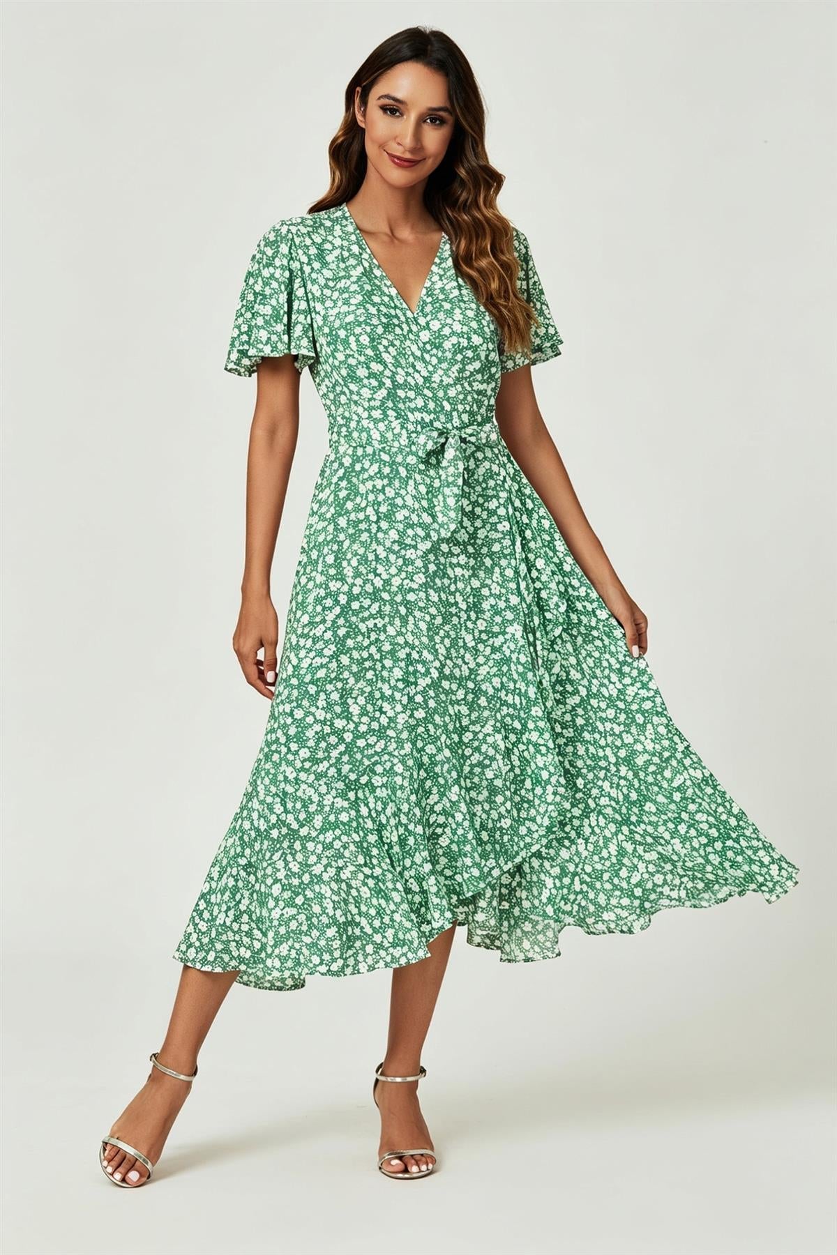Floral Print Midi Wrap Dress In Light Green