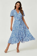 Floral Print Midi Wrap Dress In Blue