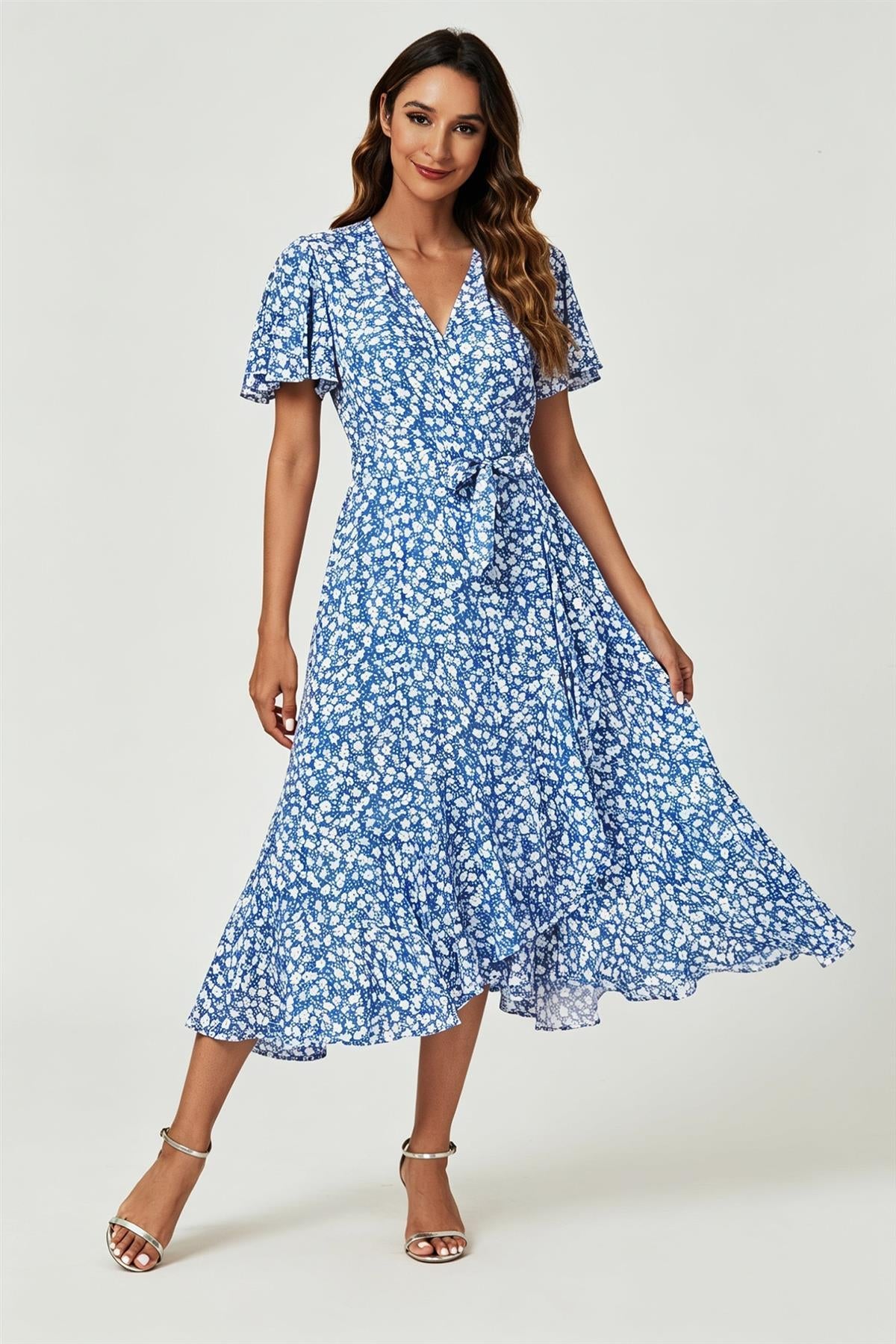 Floral Print Midi Wrap Dress In Blue