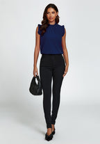 Frill Trim Sleeve Frill Neck Blouse Top In Navy