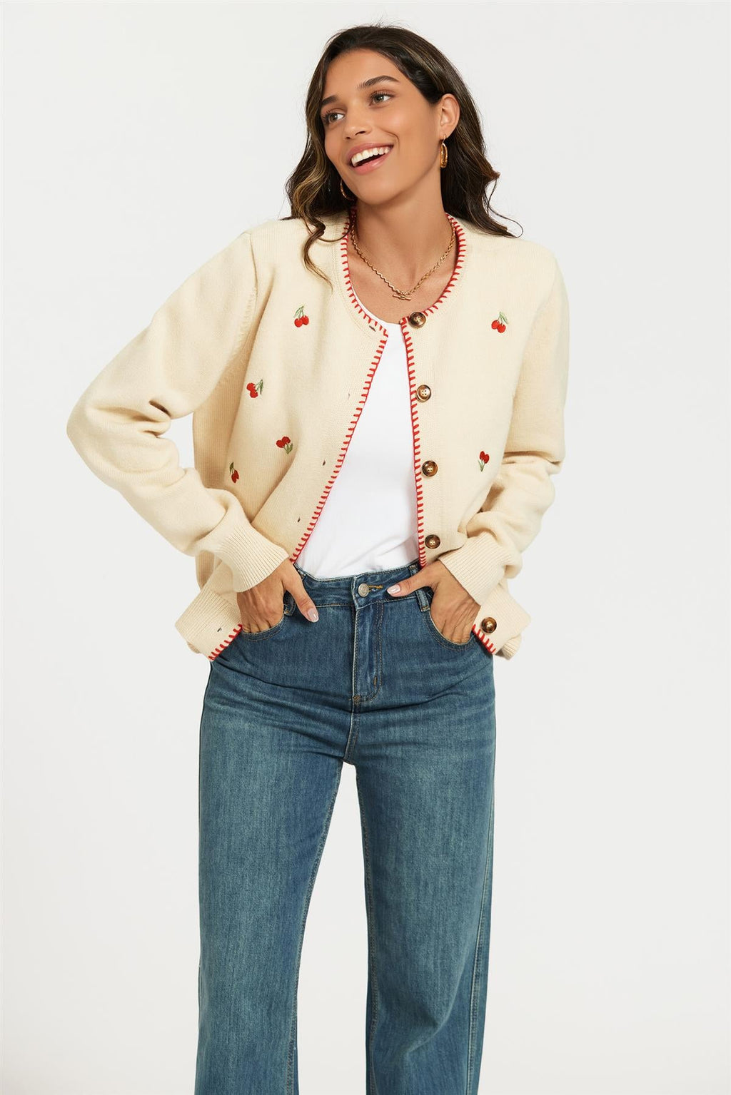 Red Trim Embroidered Cherry Knit Cardigan In Cream