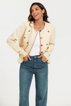 Red Trim Embroidered Cherry Knit Cardigan In Cream