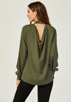 Halter Neck Blouse Top In Khaki Green