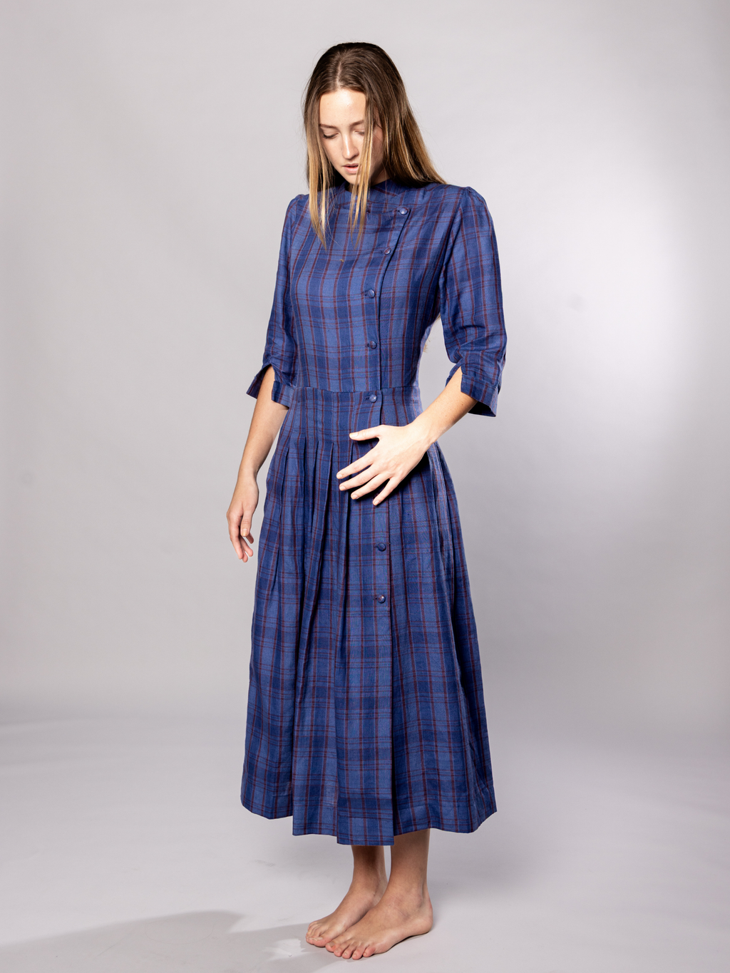 Button Midi dress with pockets Organic Navy Check Linen  – Talitha | No More Nobody