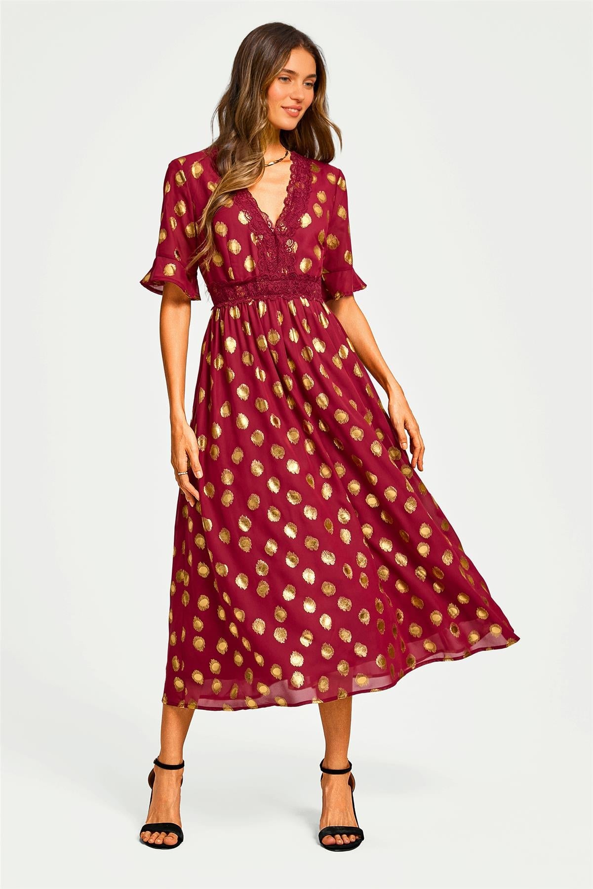 Gold Foil Long Sleeve Lace Trim V Neck Maxi Dress In Wine
