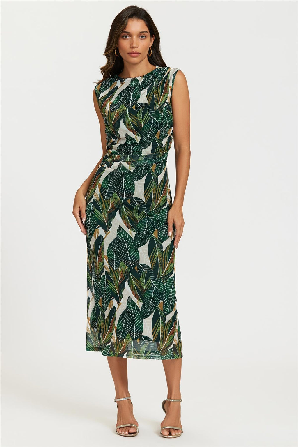 Leaf Print Mesh Maxi Dress In Green