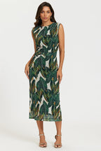Leaf Print Mesh Maxi Dress In Green
