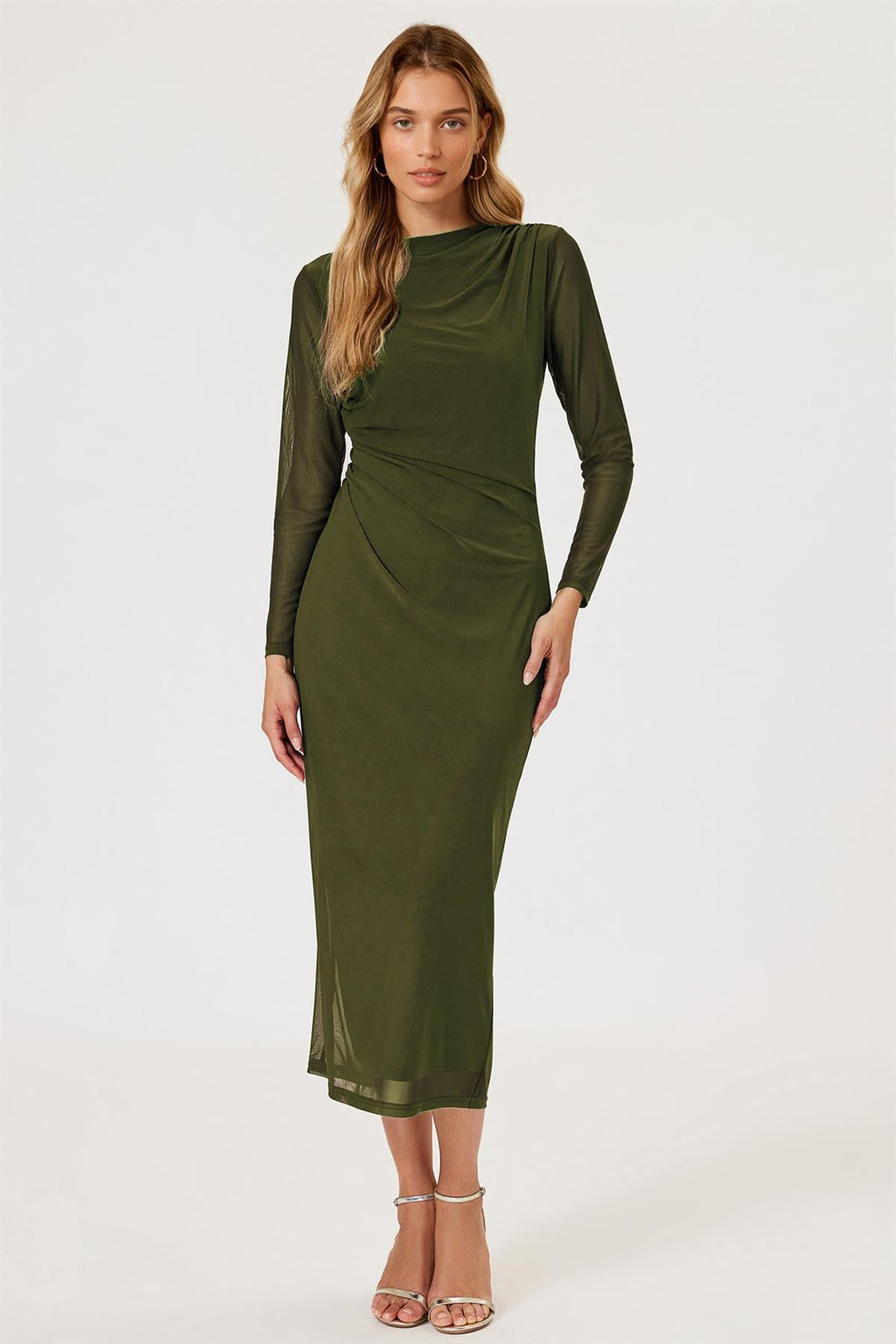 Long Sleeves Mesh Midi Dress In Olive