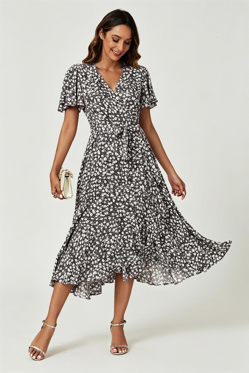 Floral Print Midi Wrap Dress In Black